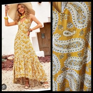 Vintage Yellow and White Beach Ready Maxi Dress Size Large W/ Full Zipper●